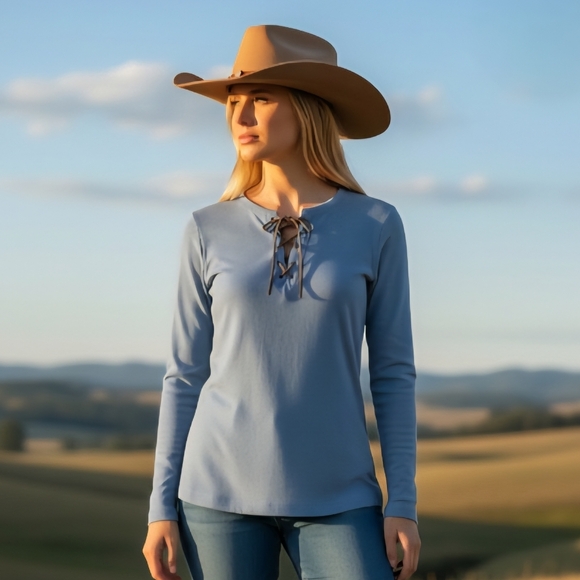 Lauren Ralph Lauren Tops - Lauren Ralph Lauren Light Blue Lace-Up Henley Top Small Long Sleeve Cotton